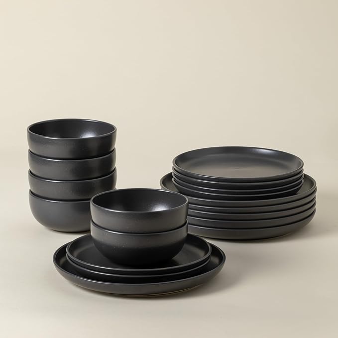 Casafina 18-Piece Stoneware Place Setting Service for 6 with Cereal Bowls - Pacifica Collection Seed Grey Microwave &amp Dishwasher Safe