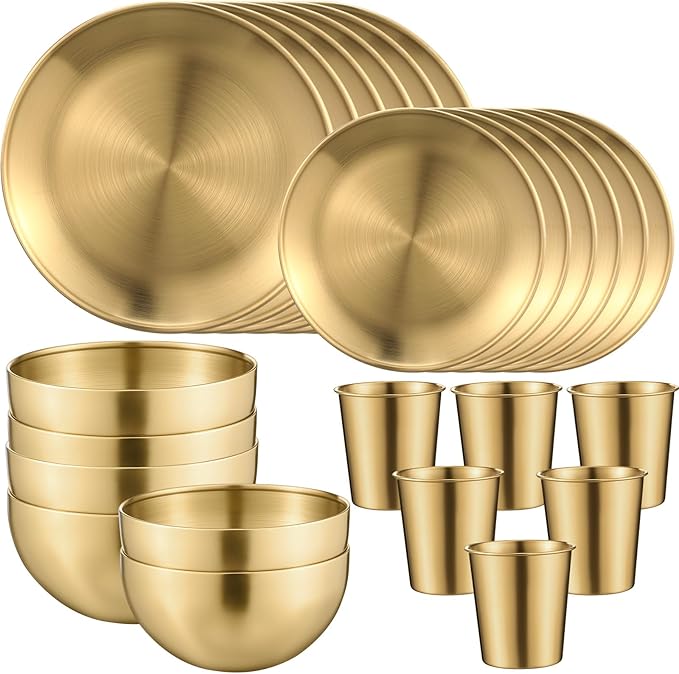 Jinei 24 Pcs 304 Stainless Steel Dinner Set Include 7 Inch 10 Inch Stainless Steel Plates Bowls and Cups Reusable Metal Utensils Dinnerware for Home Outdoor Picnic Kitchen (Gold)