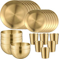Jinei 24 Pcs 304 Stainless Steel Dinner Set Include 7 Inch 10 Inch Stainless Steel Plates Bowls and Cups Reusable Metal Utensils Dinnerware for Home Outdoor Picnic Kitchen (Gold)