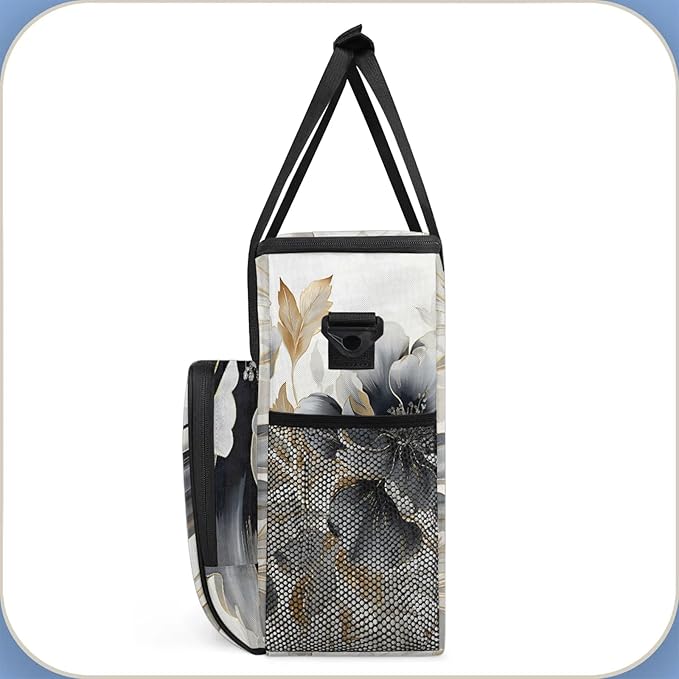 Gray Gold Marble Floral Coffee Maker Carring Bag Large Insulated Storage Organizer Case Tote Bags with Shoulder Strap for Travel Work Picnic