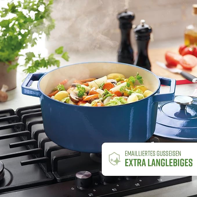 by Brandt Cast Steel Casserole Dish Round Individual 28 cm Capacity 6.8 L Cast Iron Lid with Stainless Steel Knob Suitable for Induction Oven Safe Blue