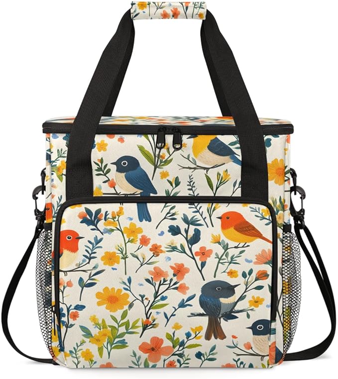 Birds Floral Coffee Maker Carrying Bag Portable Travel Storage Tote Bag Compatible with K-Mini or K-Mini Plus Single Serve Coffee Brewer Carrying Case with Multiple Pockets &amp Shoulder Strap