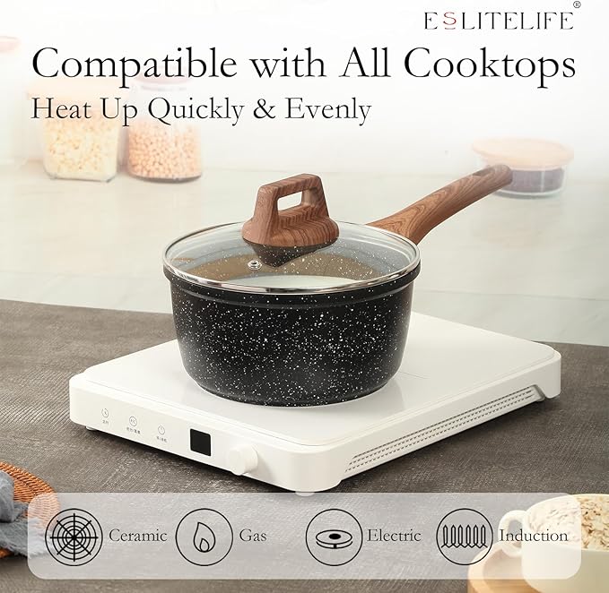 ESLITE LIFE Nonstick Cookware Sets 9 Pcs Granite Coating Pots and Pans Set Kitchen Cooking Set Compatible with All Stovetops (Gas Electric &amp Induction) PFOA Free Black