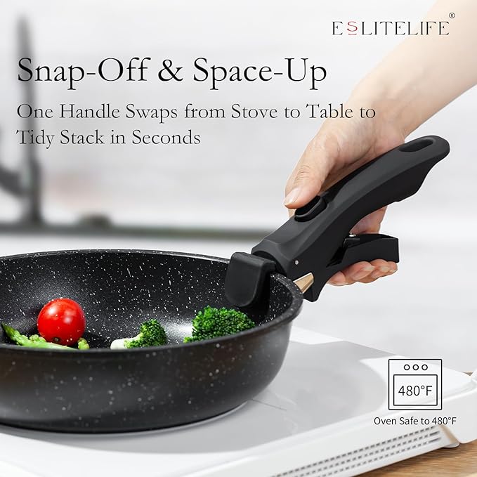 ESLITE LIFE Nonstick Cookware Sets with Detachable HandleCeramic Coating Pots and Pans Set Kitchen Cooking Set Compatible with All Stovetops PTFE &amp PFOA Free Black 10 Pcs Set