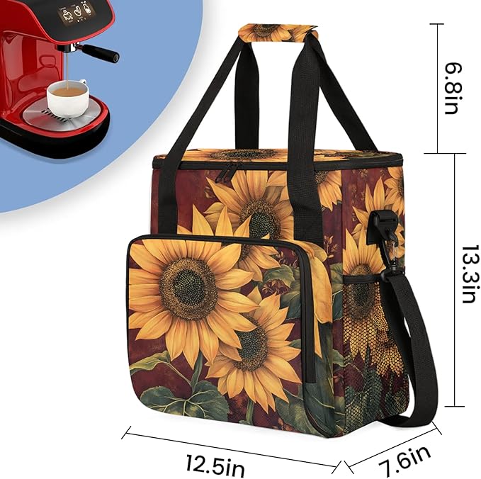 Sunflower Coffee Maker Travel Bag Floral Insulated Grocery Bag Travel Picnic Leakproof Cooler Bags With Shoulder Strap