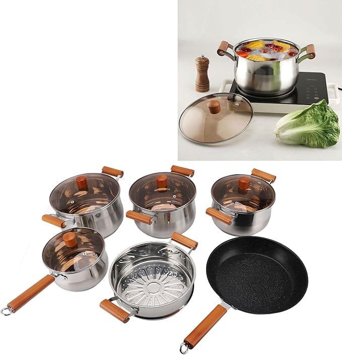 Stainless Steel Cookware Set with Wooden Handle Even Heat Distribution for Efficient Kitchen Cooking Multifunctional Pot for Steaming Boiling Soup Making