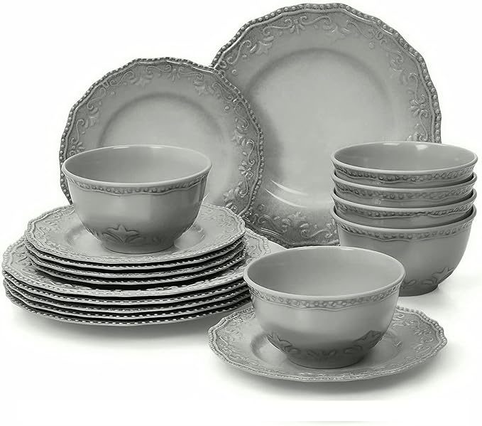 TP 18-Piece Dinnerware Set Melamine Dishes Set with Bowls and Plates Service for 6 Non-breakable Lightweight Dining Tableware Grey
