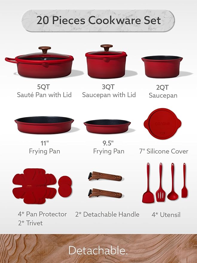 CAROTE 20Pcs Titanium Cookware Set Pots and Pans Set Non Stick Kitchen Cooking Set with Detachable Handle Non Toxic Induction Cookware - Camping Cookware Dishwasher/Oven Safe Red