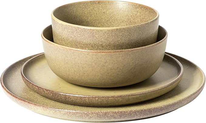 Gibson Elite James Street 16 Piece Stoneware Matte Reactive Double Bowl Dinnerware Set - Toast Cream Service for 4 (16pcs)