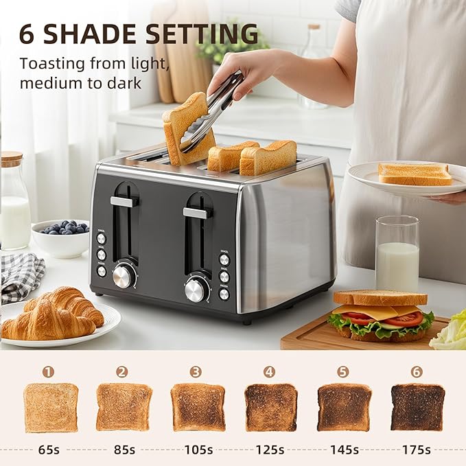 4 Slice Toaster 6 Browning Settings Removable Crumb Tray Stainless Steel Bread Toaster for Bagels Muffins Waffles Defrost Cancel Button 120V 1800W