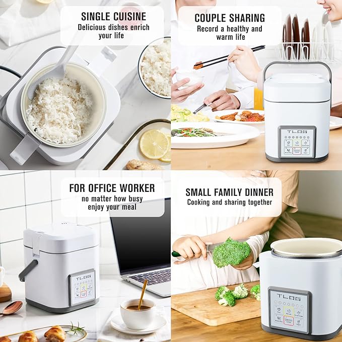 TLOG Mini Rice Cooker 2.5 Cups Uncooked Healthy Ceramic Coating Portable Cooker 1.2L Travel Small for 1-3 People Personal maker Food Steamer 12 Hours delay timer Multi-cooker Grains Oats