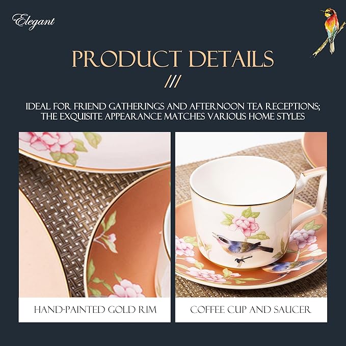 8 Piece Dinnerware Sets Round Dinner Plates Coffee Cup and Saucer Set bird and flower pattern dishes set Scratch Resistant Lead-Free Oven and Dishwasher Safe