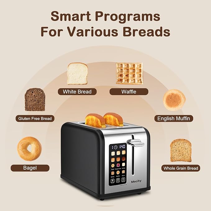 Mecity 2 Slice Touch Screen Toaster 1.5 Wide Slot Stainless Steel Smart Toaster for Bagels Muffins Waffles Gluten-Free Breads Defrost Reheat Timer 120V 825W Matt Black