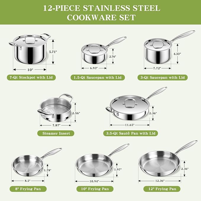 Triple Ply Stainless Steel Pots and Pans Set EWFEN 12 Piece Induction Cookware Set Oven Dishwasher Safe | Frying Pans Saucepans Saute Pan &amp Stock Pot PFOA Free Kitchen Skillet