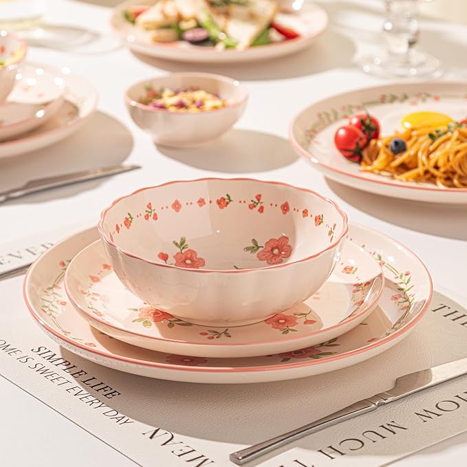16 Pieces Gourmet Porcelain Dinnerware Sets Premium Plates and Bowls Set High-Fired Ceramic Dishes Set for 4 Microwave Dishwasher Safe Pink Peach Blossom Pattern.