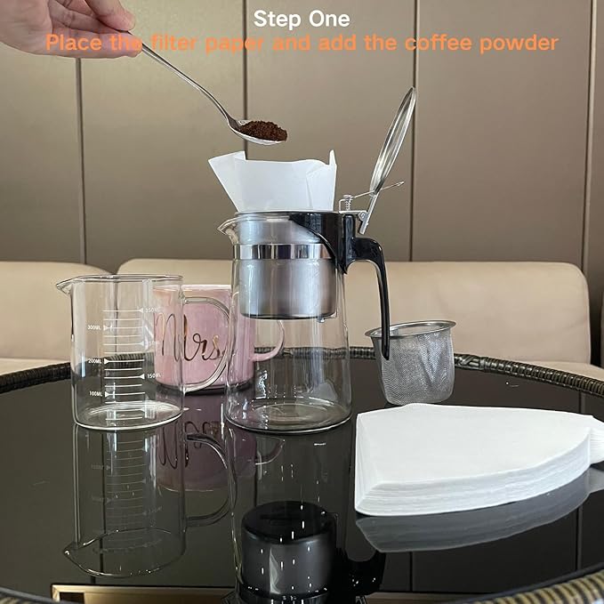 Pour Over Coffee Maker Set 304 Stainless Steel Coffee Dripper with On/Off Switch Borosilicate Glass Small Coffee Pot 50 Filter Papers Multi-Functional Immersion Drip Cafe Brewer Machine (1 250ml)