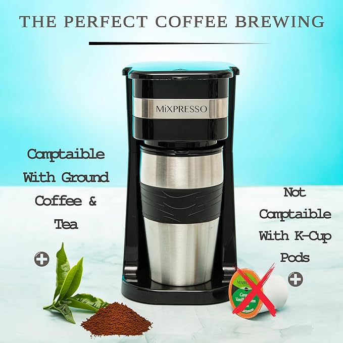 Mixpresso Personal Single-Serve Coffee Maker &amp 14oz Travel Mug Drip Small Coffee Maker &amp Tumbler Auto Shut Off &amp Reusable Filter Compatible with Coffee Grounds Bundle With Electric Milk
