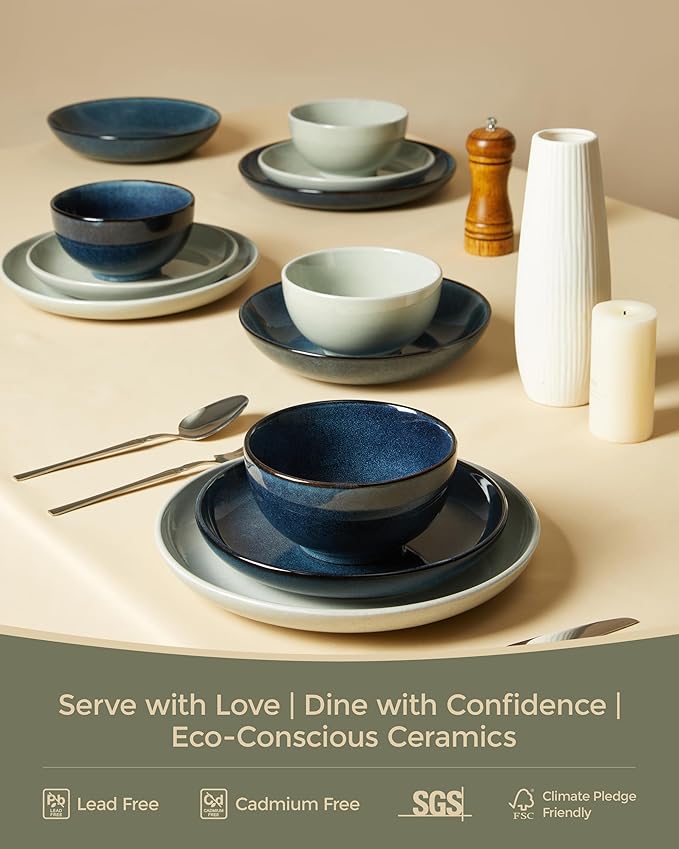 Santorini Mist Terracotta Reactive Glaze Plates and Bowls Sets Stoneware Dinnerware Sets Microwave and Dishwasher Safe Ceramic Dish Set Service for 4 Slate Green