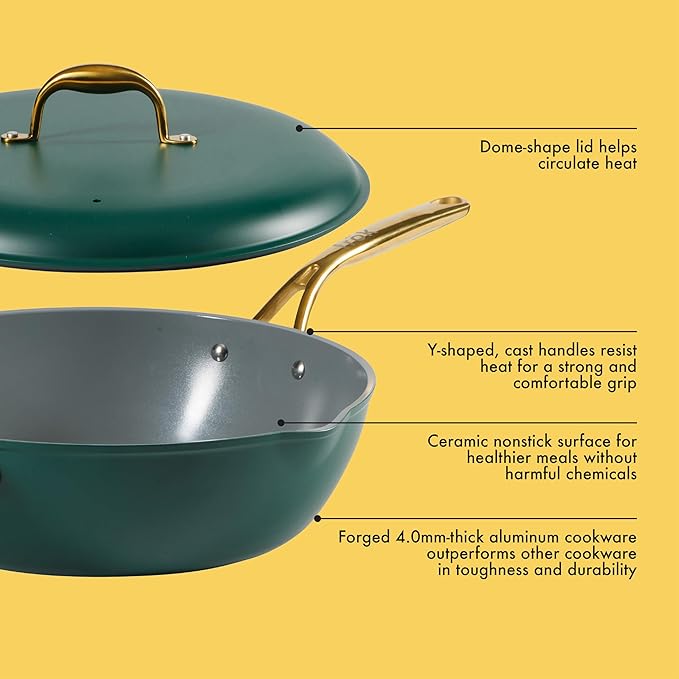 Frok 13 Frying Pan Wok Skillet 4MM Thick Quick Heat Aluminum Cookware w/Aluminum Lid Premium PFA Free Ceramic Nonstick Interior &amp Heat Resistant Exterior - Induction - Green &amp Gold
