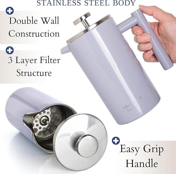 Mixpresso Light Blue Stainless Steel French Press Coffee Maker 26 Oz 770 ml Double Wall Insulated French Press Stainless Steel Easy Clean Tea Brewer Easy Press Durable Metal Coffee Press