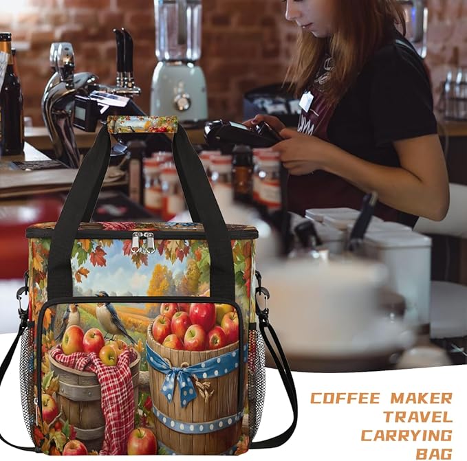 Autumn Apple Maple Leaves Bird Coffee Maker Carring Bag Travel Carrying Storage Tote Bag Compatible with Keurig K-Mini or K-Mini Plus Portable Single Serve Coffee Brewer Case with Pockets