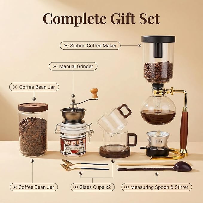 Siphon Coffee Maker 3-Cup (360ml) Japanese Vacuum Brew Pot with Coffee Grinder Glass Cup Storage Container Packaged Gift Box for Coffee Aficionados &amp Gift Giving