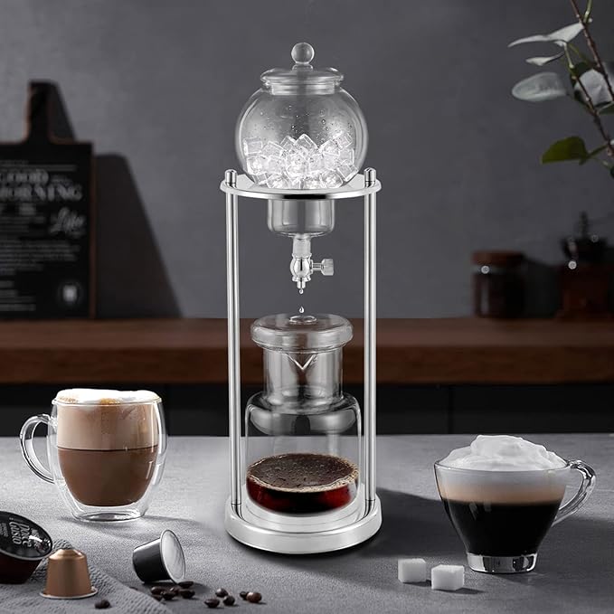 JOMCYDM 20.29 Oz Ice Dripper Coffee Maker Cold Brew Coffee Tower Ice Drip Coffee Maker for Coffee Shop for Bars Clubs Parties6-8 cup (Silver)