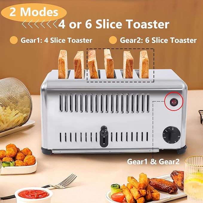 6-Slice Toaster Wide Slot Stainless Steel Bread Toaster with Timer 1680W Electric Bread Warmer for Home Kitchen Bakery Restaurant Cafe Use