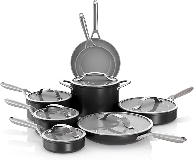 Ninja Ceramic Pro 14-Piece Cookware Set Non-Stick Pots &amp Pans Set with Glass Lids Nontoxic PTFE Free Ceramic Coated Oven Safe All Stovetops &amp Induction Compatible Black CW39014BK
