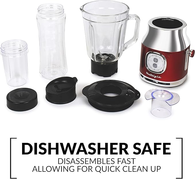 Classic Retro Electric Pulse Blender 1 Liter Glass Pitcher Includes Tritan Personal Travel Bottle With Lid And Storage Container High Power 300 Watts Crushes And Pulverizes Ice Cubes