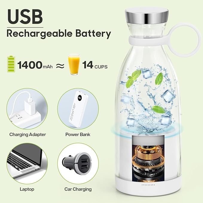 Portable BlenderFashion Portable Blender for Shakes and Smoothies 11.8 OzMagnetic USB Fast Charging Mini Mixer BottleTake It for Traveling Outdoor Gym Office Cars Gift -WH