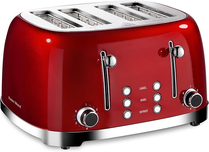 Roter Mond 4 Slice Toaster Retro Stainless Steel with Bagel Defrost Cancel Function 6 Browning Settings Extre Wide Slot and Removable Crumb Tray Red ST033