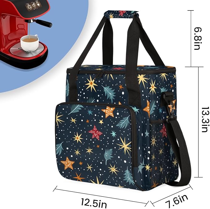 Christmas Snowflakes Coffee Maker Carrying Bag Bright Snowflakes Travel Storage Bag Compatible with K-Mini or K-Mini Plus Single Serve Coffee Brewer Carrying Case with Pockets &amp Shoulder Strap