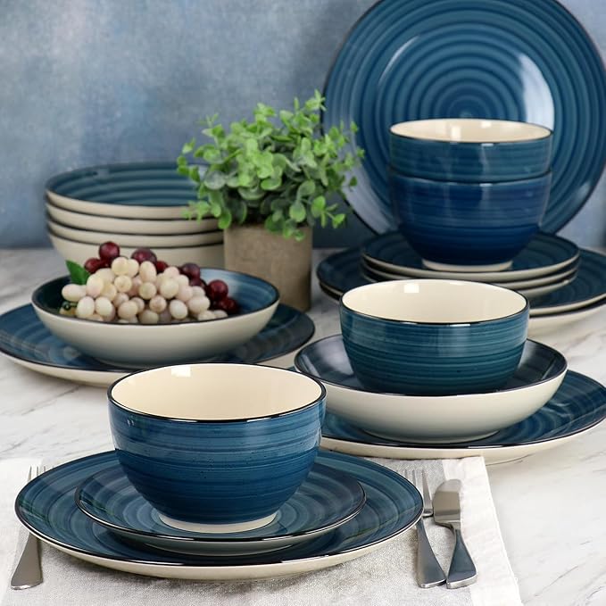24-Piece Stoneware Dinnerware Set – Round Two-Tone Hand-Painted Dishes with Swirl Design Service for 6 Microwave &amp Dishwasher Safe Tableware (Dark Blue)