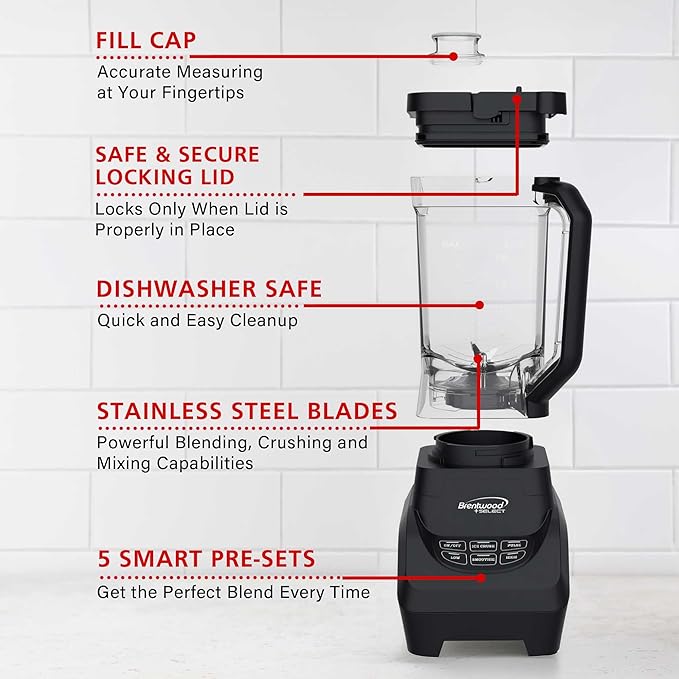 Brentwood Select JBS-1000BK Professional Smart Blender with 1000w Ice Crushing Power Large 8.5-Cup Plastic Jar Stainless Steel Blades Non-Slip Base Dishwasher-Safe Parts Black