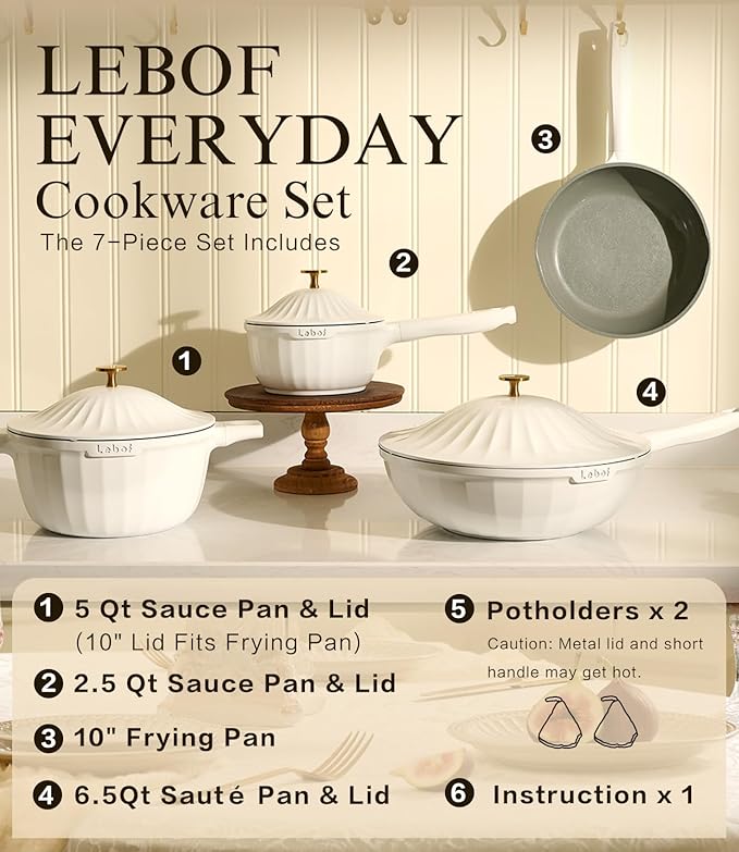 Nonstick Ceramic Cookware Set (7 Piece)–Titanium Cast Aluminum Pots and Pans Set with Lids Non Toxic PFAS-Free Compatible with All Stovetops–Pearl White
