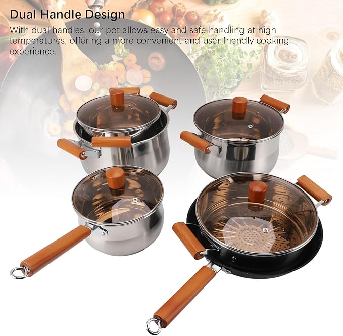 AUNMAS Stainless Steel Cookware Set with Dual Wooden Handles 5 Pieces Even Heating Multifunctional Kitchen Cooking Set for Steaming Boiling Making Soup