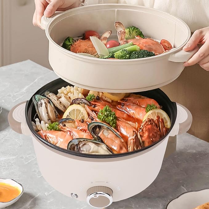 Electric Pot 3L Large Capacity Anti Scald Multifunctional Rice Cooker with Steam Basket for Noodle Soup Cooking Family Use (US Plug 110V)