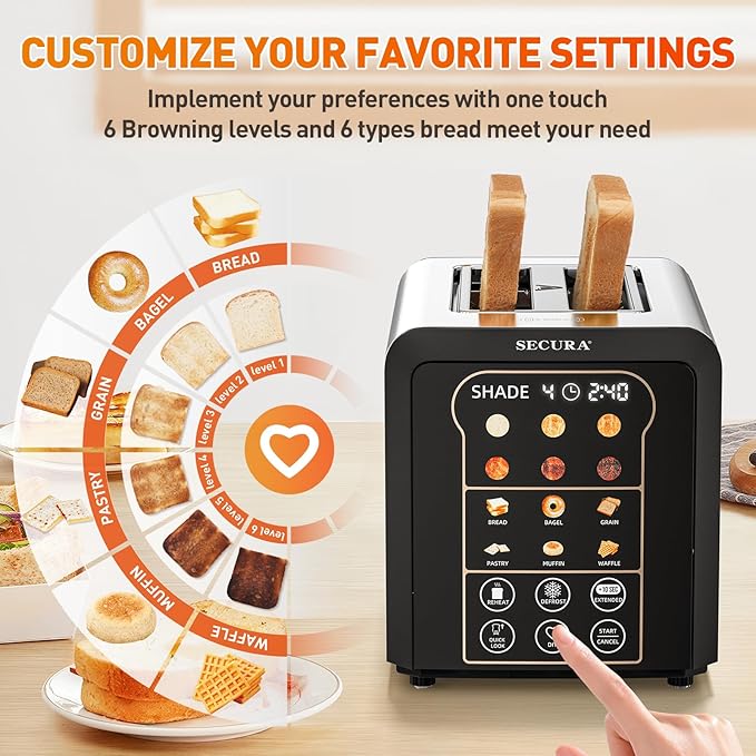 Secura 2 Slice Automatic Toaster Touch Screen Smart Toaster with Digital Timer 6 Bread Type &amp 6 Browning Levels Reheat Deforst +10s Extended Customizable Memory Settings Great for Home RV Off