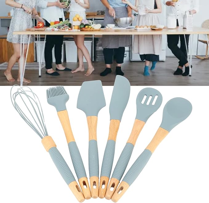 Silicone Cookware6 Piece Silicone Cutlery Set Wooden Handle Cookware Set Suitable for Home Restaurant Kitchen Gadgets