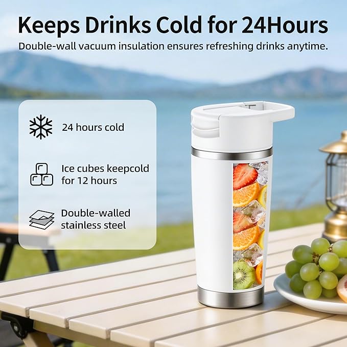 Portable Personal Blender 20oz Vacuum Cup Cordless Blende for 120 Watt Rechargeable Personal Size blender With Stainless Steel Bottle Ideal For-Shakes and Smoothies BPA Free (White）