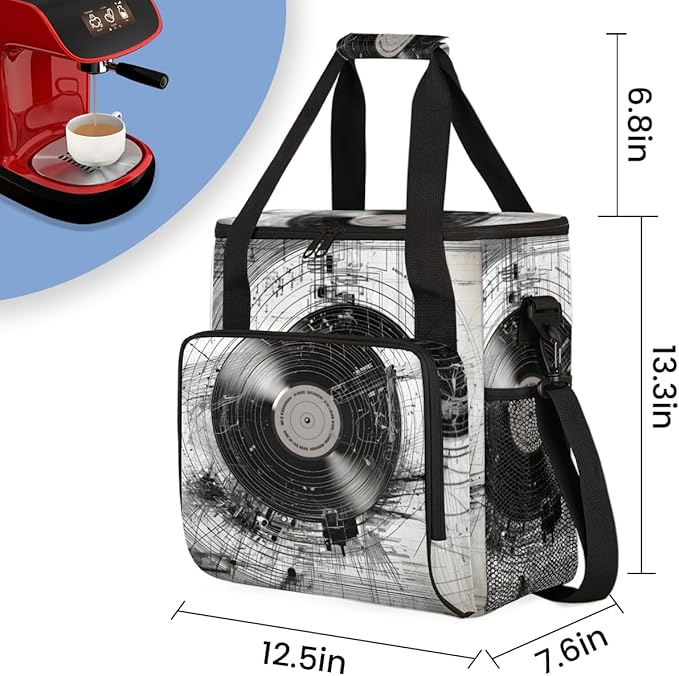 Black And White Records Coffee Maker Carrying Bag CD Travel Storage Bag Compatible with K-Mini or K-Mini Plus Single Serve Coffee Brewer Carrying Case with Multiple Pockets &amp Shoulder Strap