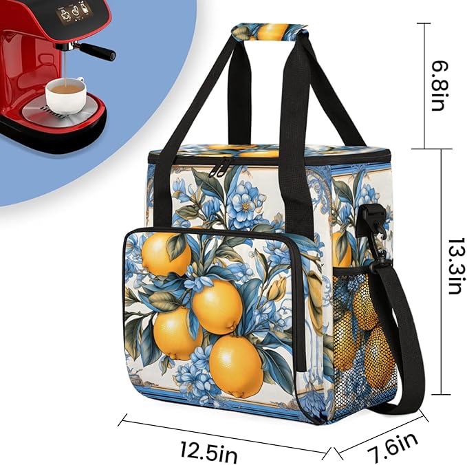 Farmhouse Lemon Coffee Maker Travel Bag for Keurig K-Mini/K-Mini Plus Insulated Waterproof Tote with Pockets for K-Cup Portable Single-Serve Brewer Case