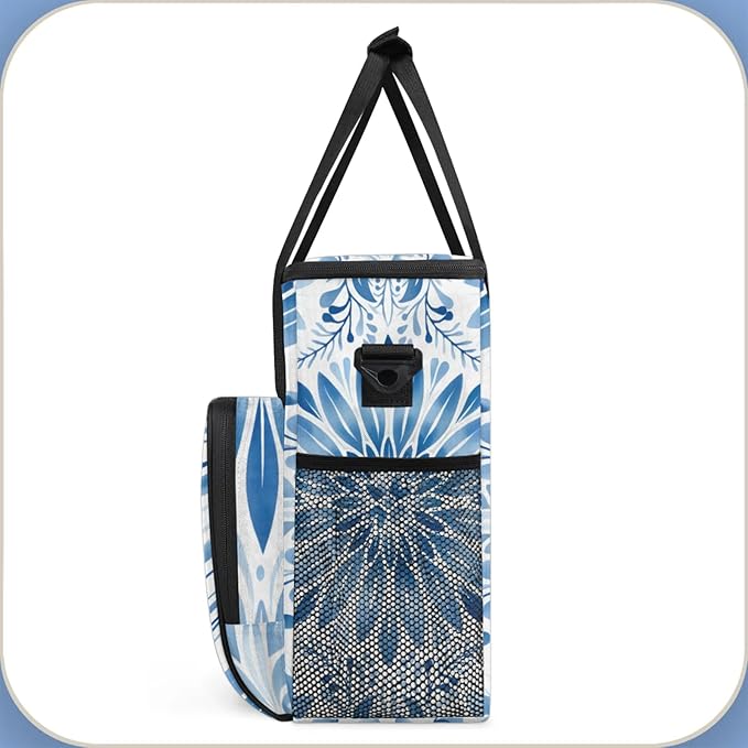 Blue White Floral Coffee Maker Travel Bag for Keurig K-Mini/K-Mini Plus Insulated Waterproof Tote with Pockets for Portable Single-Serve Brewer Case