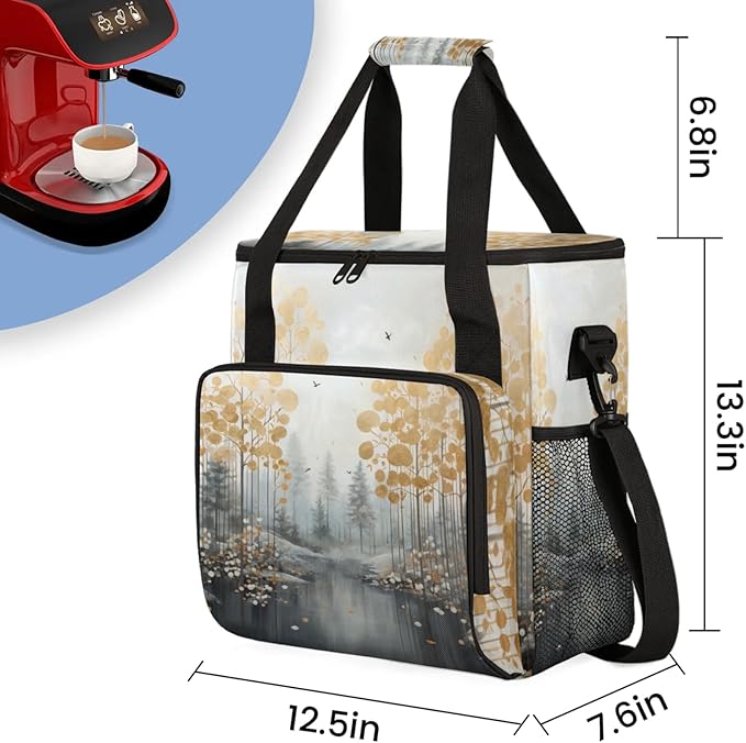 Trees Abstract Coffee Maker Travel Bag for Keurig K-Mini/K-Mini Plus Insulated Waterproof Tote with Pockets for K-Cup Portable Single-Serve Brewer Case