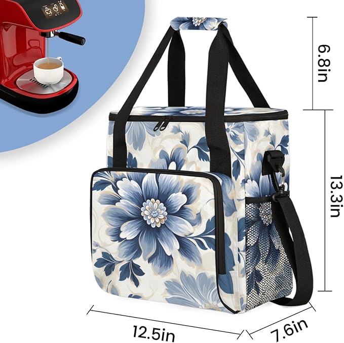 Flower Floral Design Coffee Maker Travel Bag for Keurig K-Mini/K-Mini Plus Insulated Waterproof Tote with Pockets for K-Cup Portable Single-Serve Brewer Case