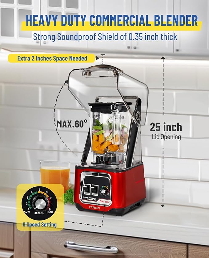 CRANDDI Professional Smoothie Blender 2200W Commercial Soundproof Quiet blender with Removable Soundproof Shield for Crushing Ice MilkShakes Puree Self-Cleaning 50oz 110V K80 (Red)