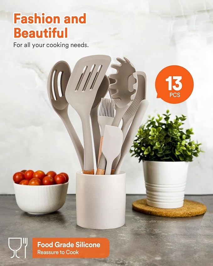 Kitchen Utensils Set 13PCS Silicone Cooking Utensils Heat Resistant Kitchen Utensil Spatula Set for Nonstick Cookware Wooden Handles Kitchen Gadgets Tools Set