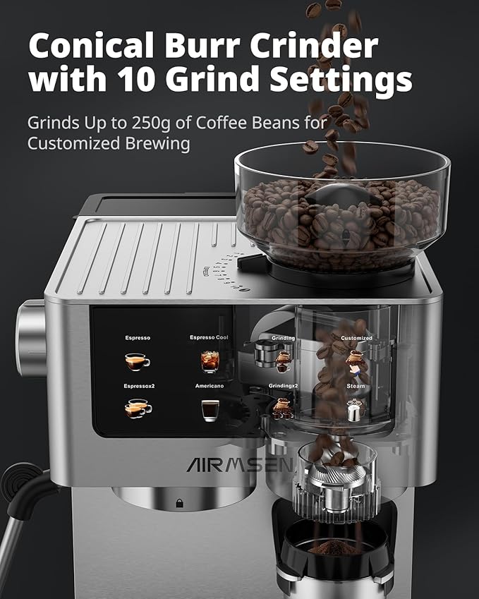 AIRMSEN Espresso Machines with Burr Grinder 20 Bar Milk Frother Steam Wand Stainless Steel Coffee Maker for Home - Cappuccino Latte &amp Cold Brew Iced Coffee Maker &amp Americano