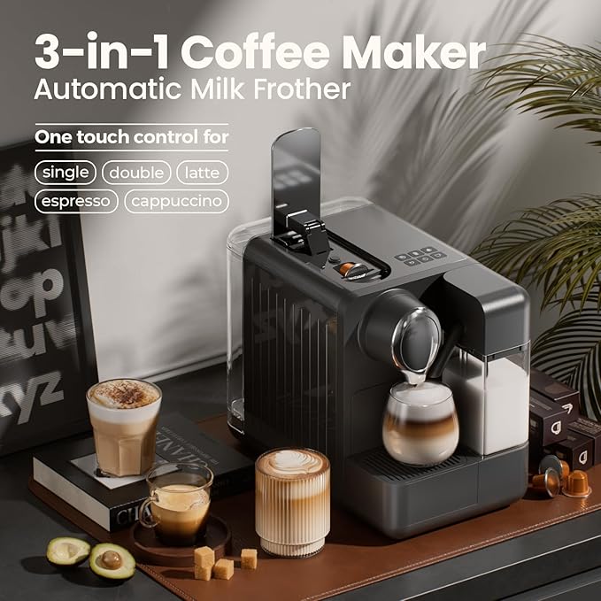 Espresso Machine with Integrated Automatic Milk Frother - Single-Serve Coffee Maker Capsule Compatible One Touch Latte &amp Cappuccino Single or Double Shot Espresso Maker